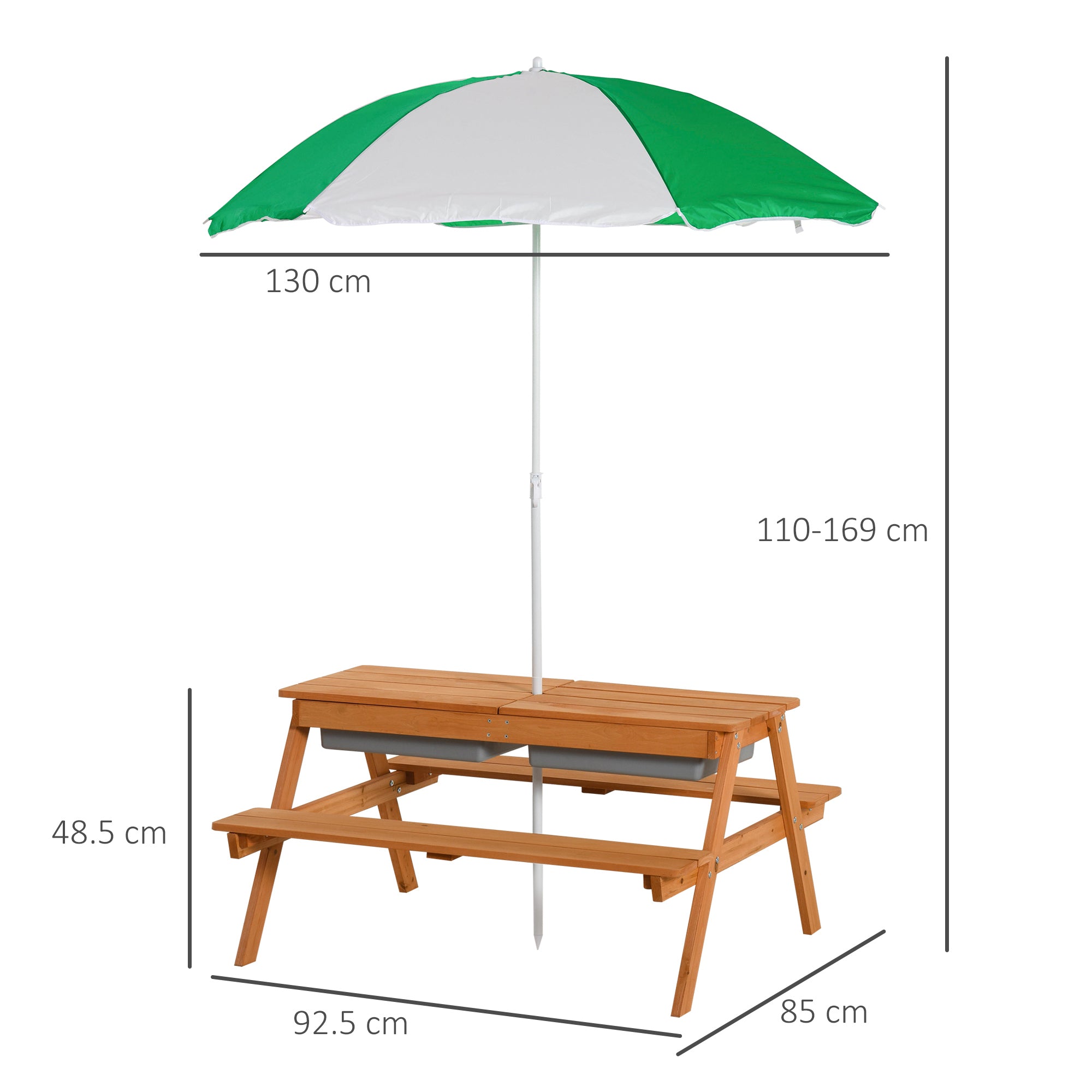 Kids Picnic Table with Benches, Wooden Sand and Water Table, Adjustable Parasol, Storage Bins, for Kids 3-6 Years, Brown
