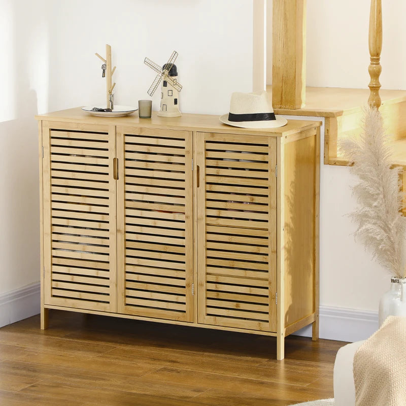 Rustic Shoe Cabinet, 3 Door Shoe Storage Cabinet with 8 Shelves, Natural Wood Finish