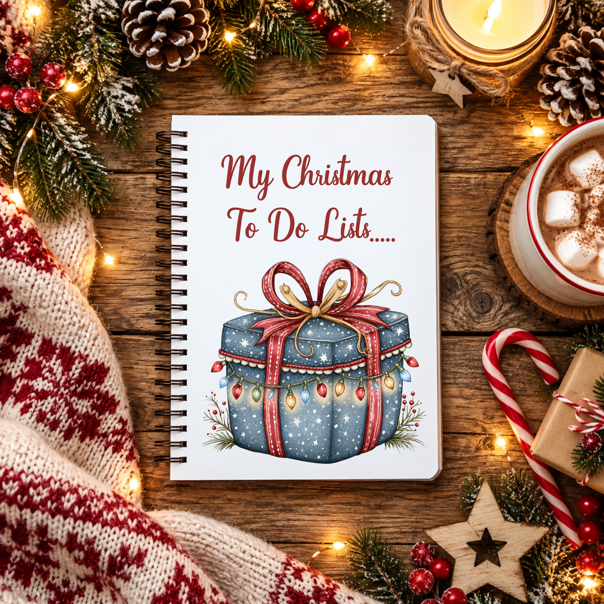 My Christmas To Do Lists A5 lined spiral notebook with festive Christmas present design