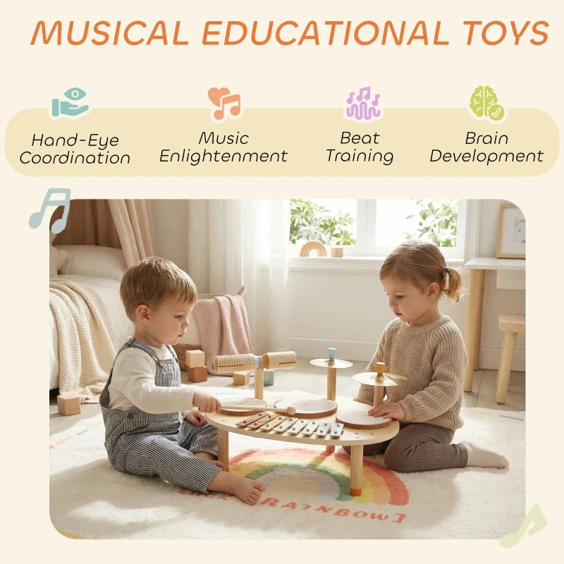 Baby Drum Kit, Wooden Kids Musical Instruments with Drums and Xylophone, Gifts for Girls Boys Birthday, Natural