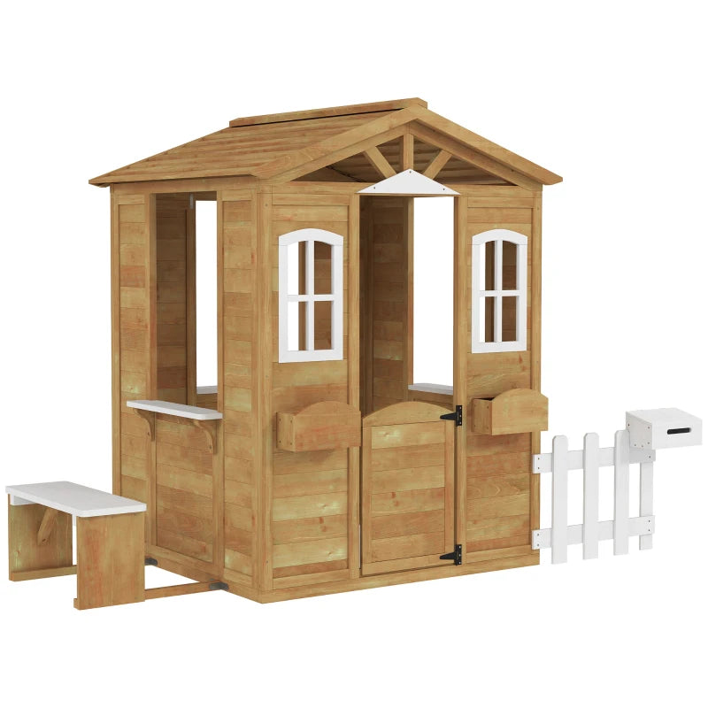 Wooden Playhouse for Kids with Door, Windows, Mailbox, Flower Pot Holder, Serving Station, Bench for Children