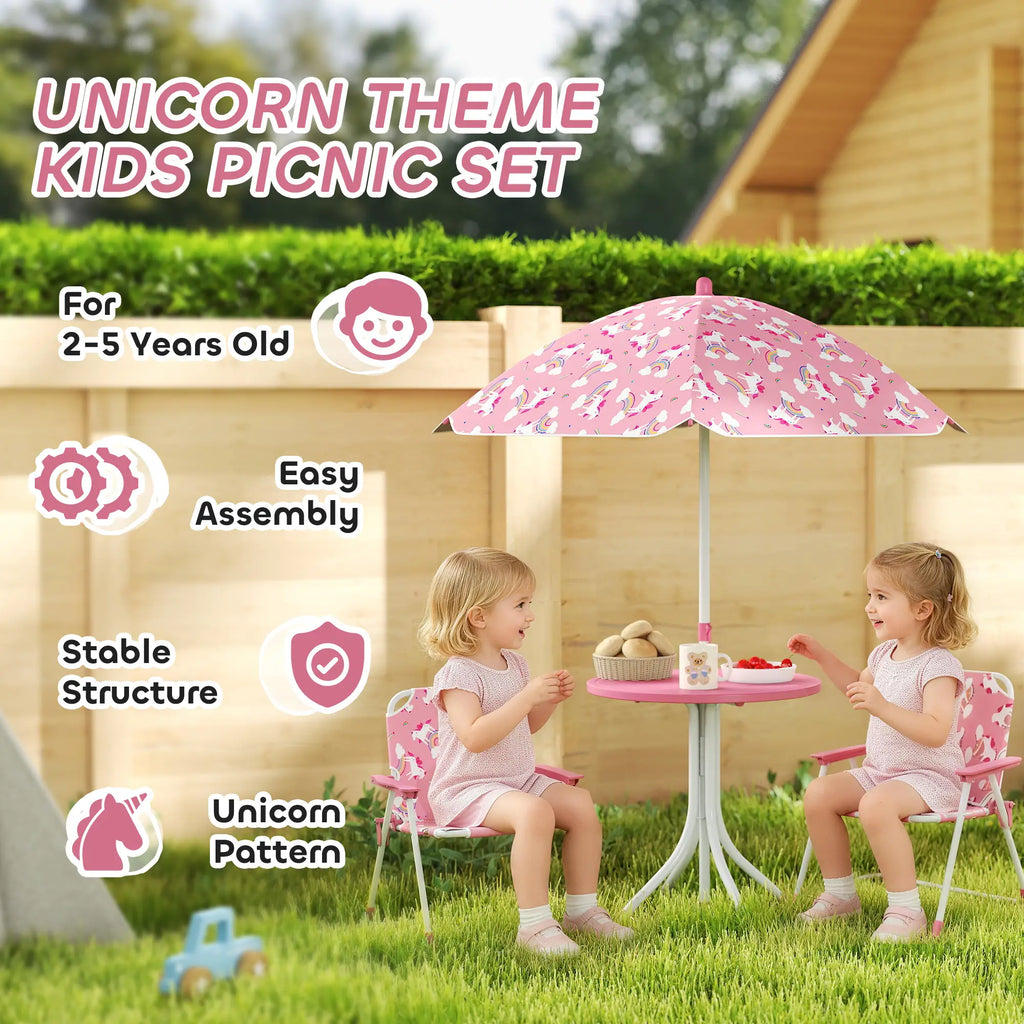 Kids Patio Table and Chair Set, Kids Garden Furniture with Umbrella - Pink