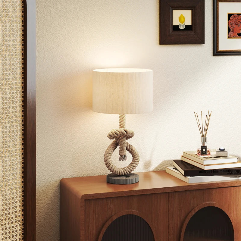 Nautical Table Lamps Set of 2 with USB Charging Port, Bedside Lamps for Bedroom Living Room, Warm White LED Bulb Included, with Hemp Rope, Natural