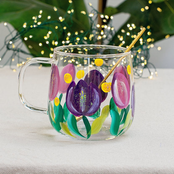 🌸 Hand-Painted Floral Glass Mug  🌸 Tulips Design
