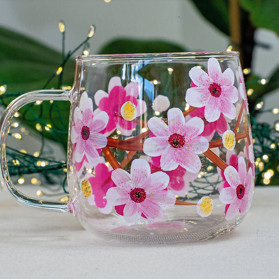 🌸 Hand-Painted Floral Glass Mug  🌸  Cherry Blossom Flower Design