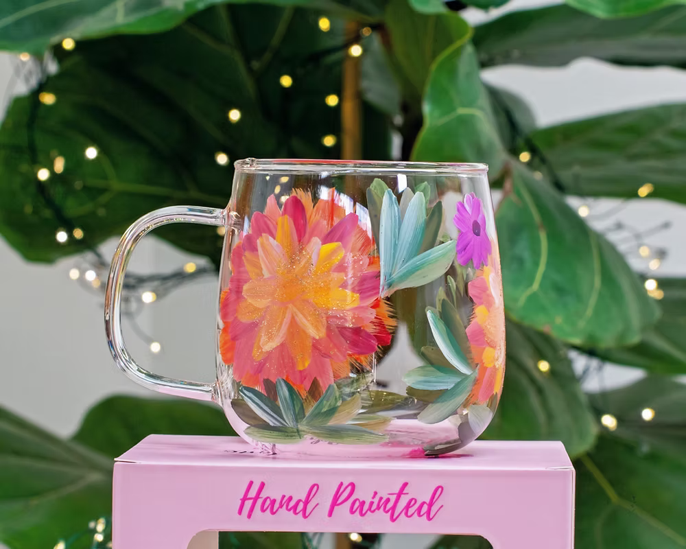 🌸 Hand-Painted Floral Glass Mugs 🌸Dahlia Bloom Edition