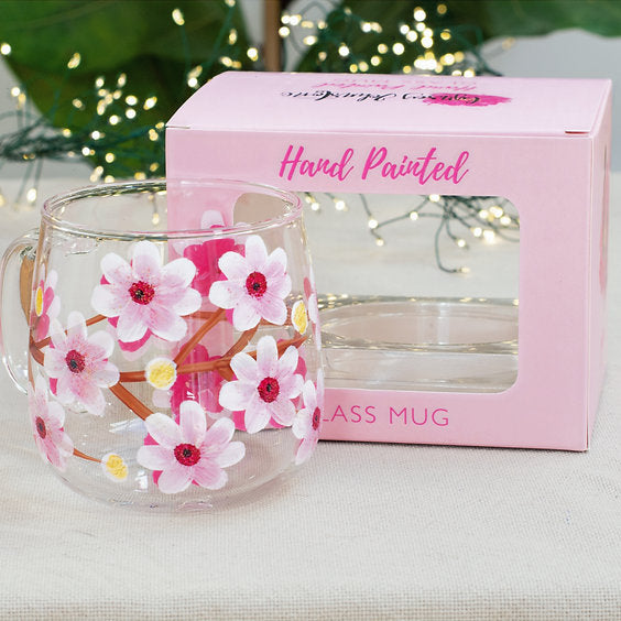 🌸 Hand-Painted Floral Glass Mug  🌸  Cherry Blossom Flower Design
