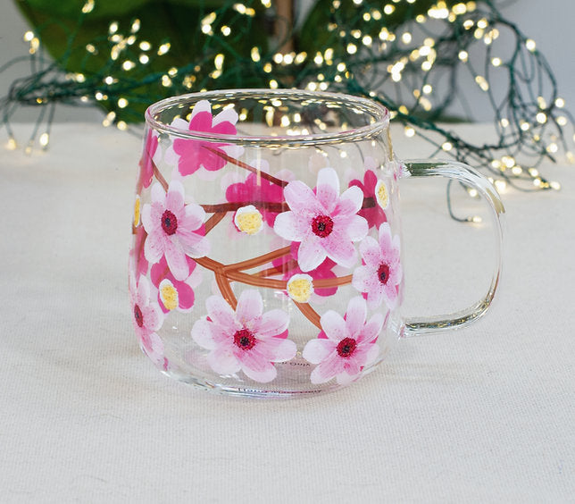 🌸 Hand-Painted Floral Glass Mug  🌸  Cherry Blossom Flower Design
