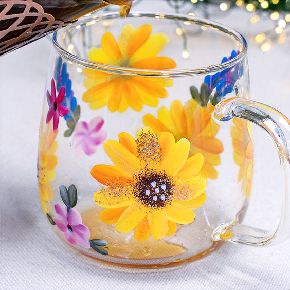 🌸 Hand-Painted Floral Glass Mugs  🌸 Sunny Sunflower Design