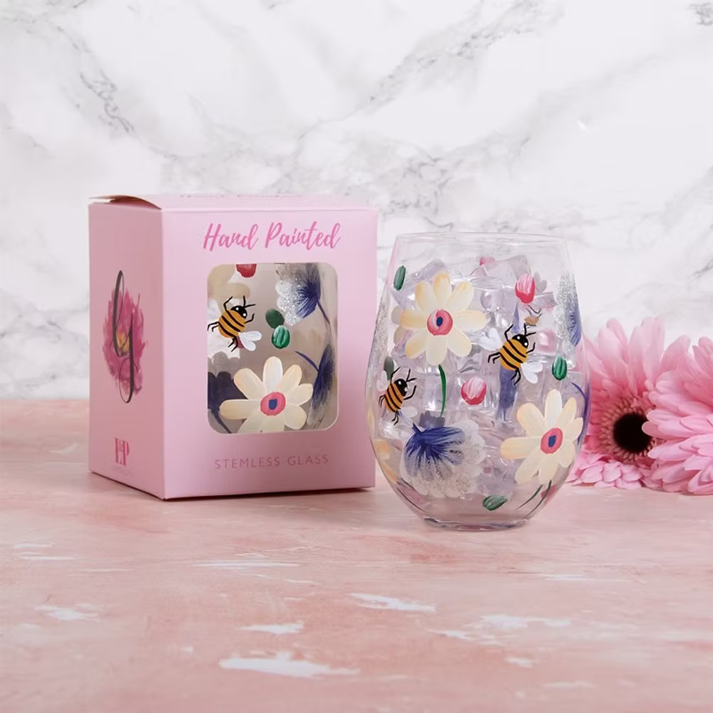 Busy Bee Stemless Glass - Hand Painted