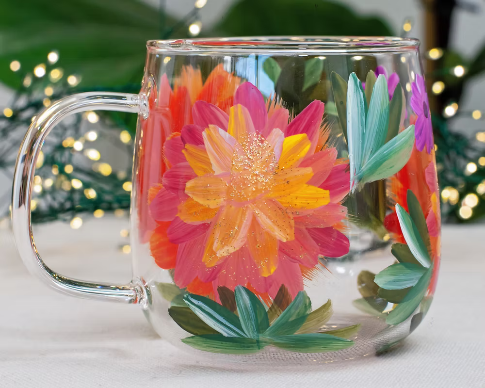 🌸 Hand-Painted Floral Glass Mugs 🌸Dahlia Bloom Edition