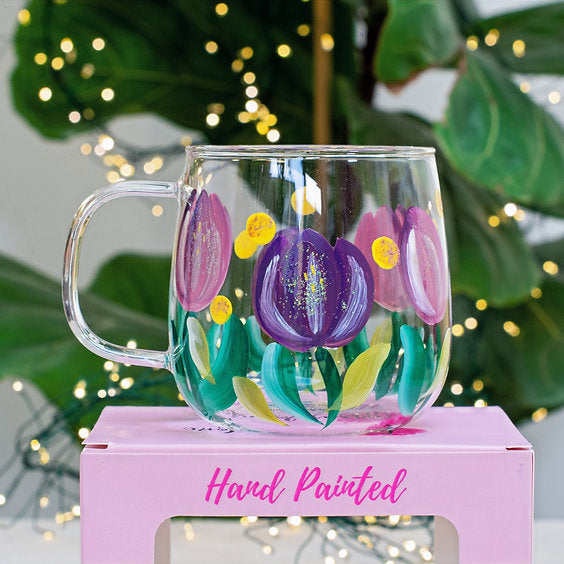 🌸 Hand-Painted Floral Glass Mug  🌸 Tulips Design