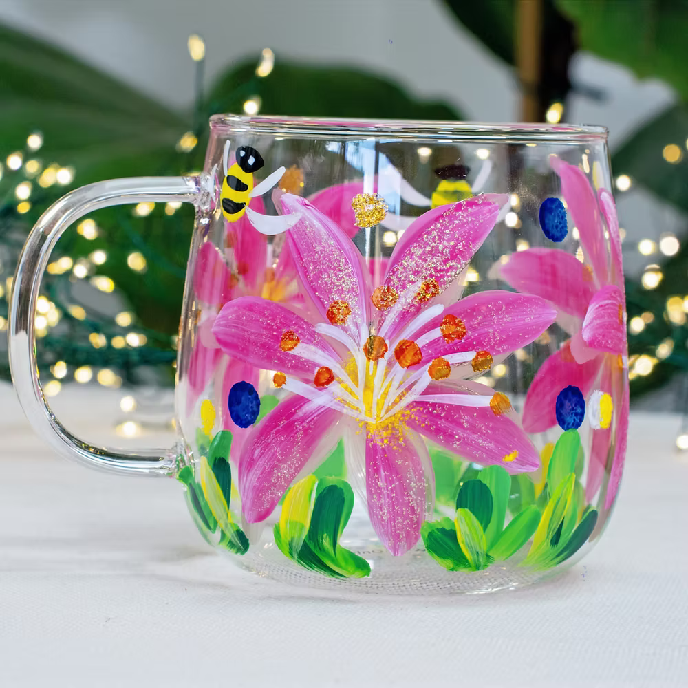 🌸 Hand-Painted Floral Glass Mugs  🌸 Lilly & Bees Design