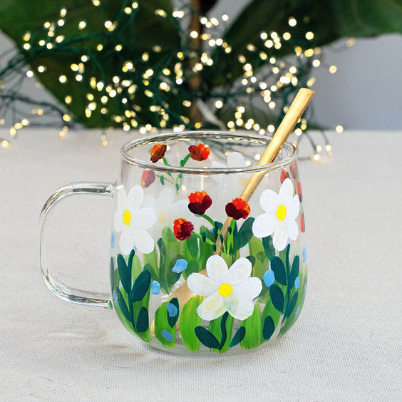 🌸 Hand-Painted Floral Glass Mug  🌸  Daisies Design