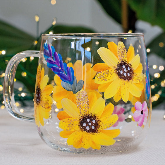 🌸 Hand-Painted Floral Glass Mugs  🌸 Sunny Sunflower Design