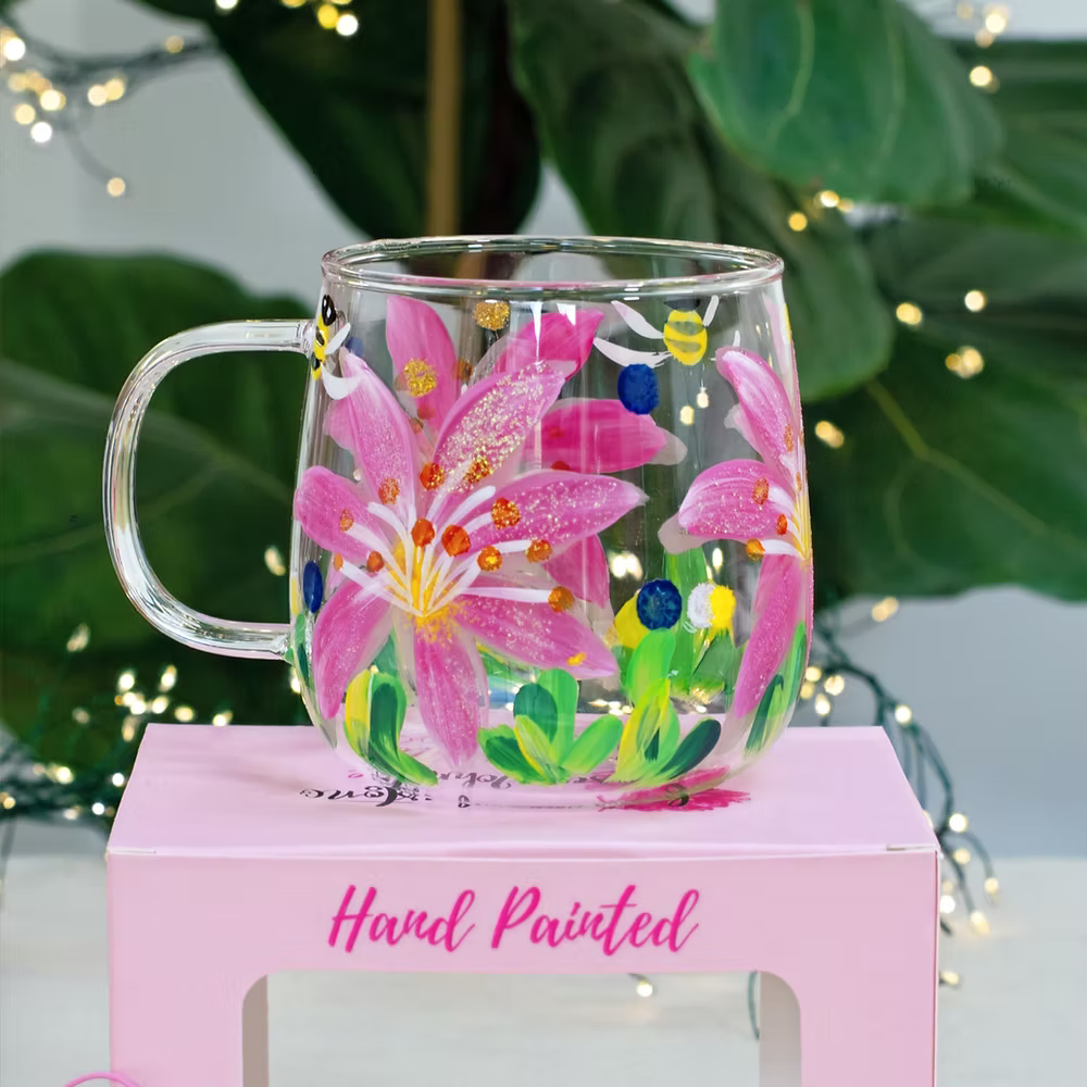 🌸 Hand-Painted Floral Glass Mugs  🌸 Lilly & Bees Design