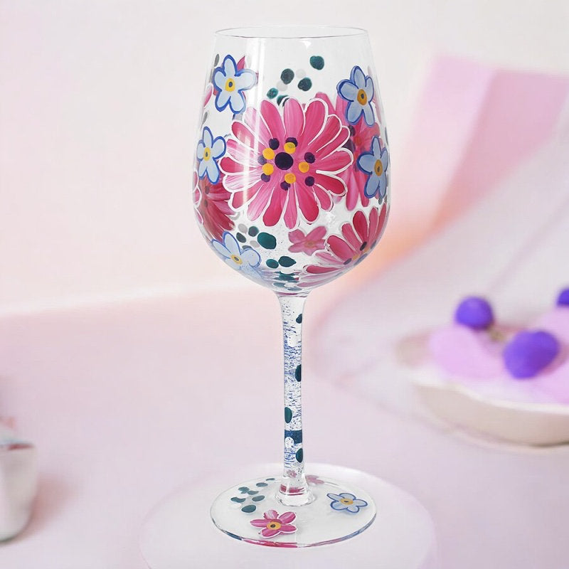 Pink Gerbera Wine Glass - Hand Painted