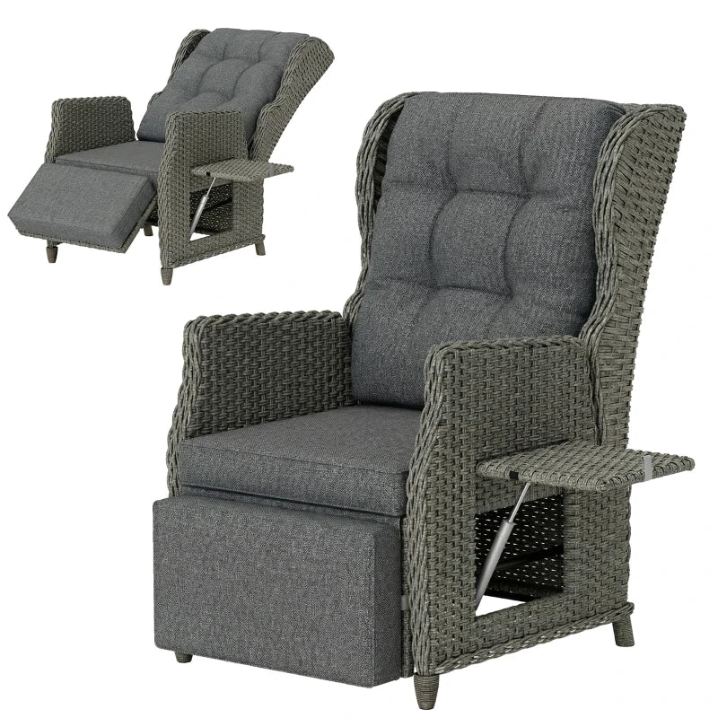 Rattan Garden Recliner Chair, Reclining Garden Chair with Adjustable Back and Footrest, Flip Table, Cushion