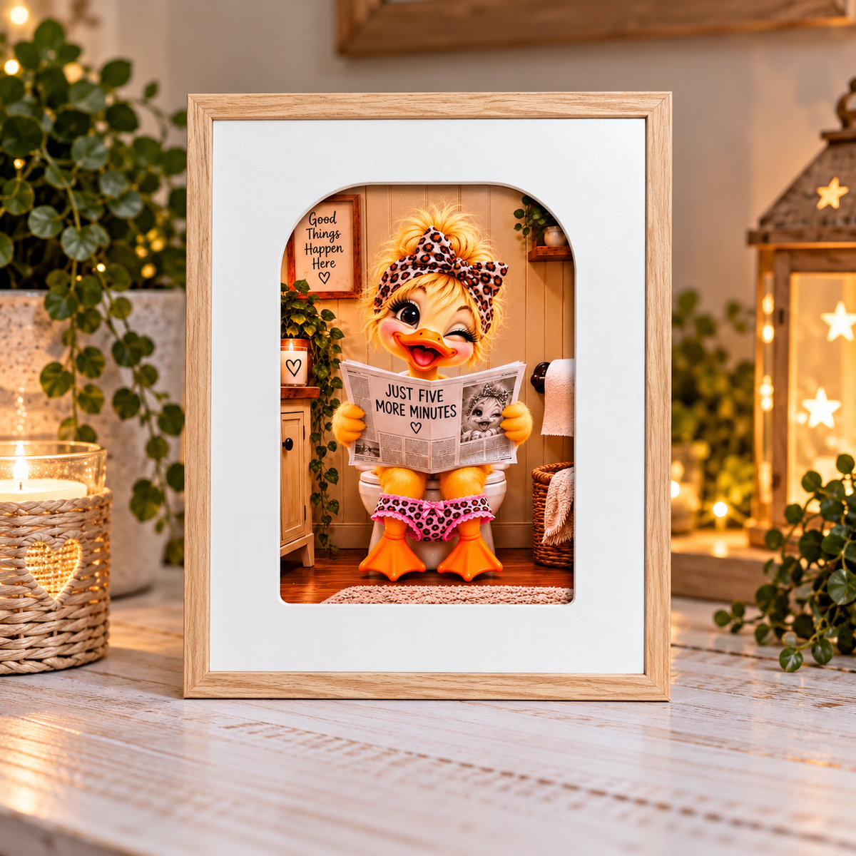 Funny duck toilet bathroom framed print Just Five More Minutes