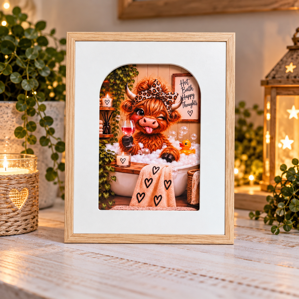 Funny Highland Cow bath framed print with natural wood finish