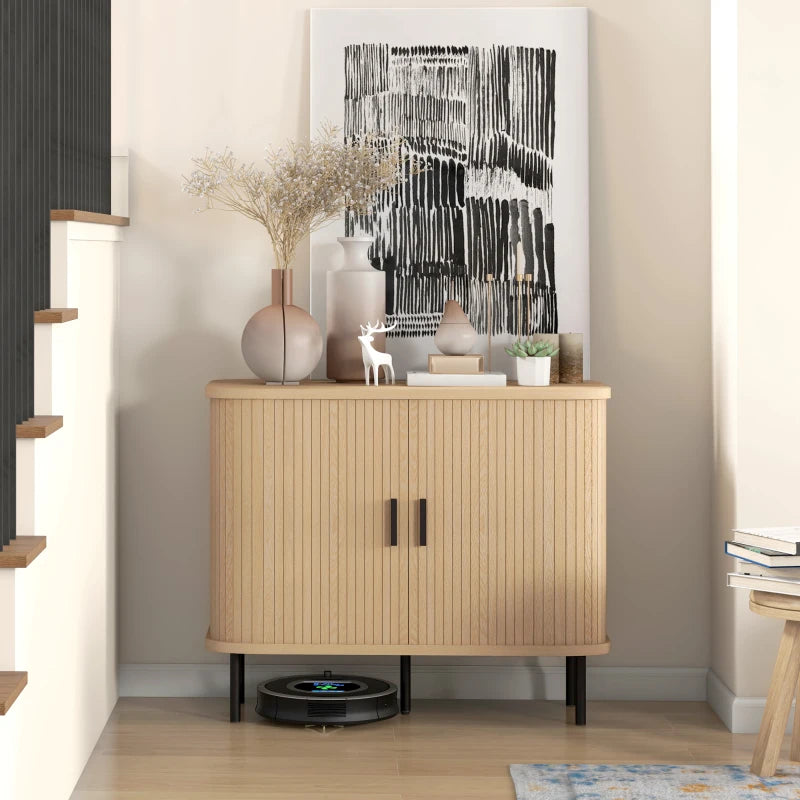 Mid-Century Modern Sideboard Storage Cabinet with Slatted Tambour Sliding Doors, Oak Tone