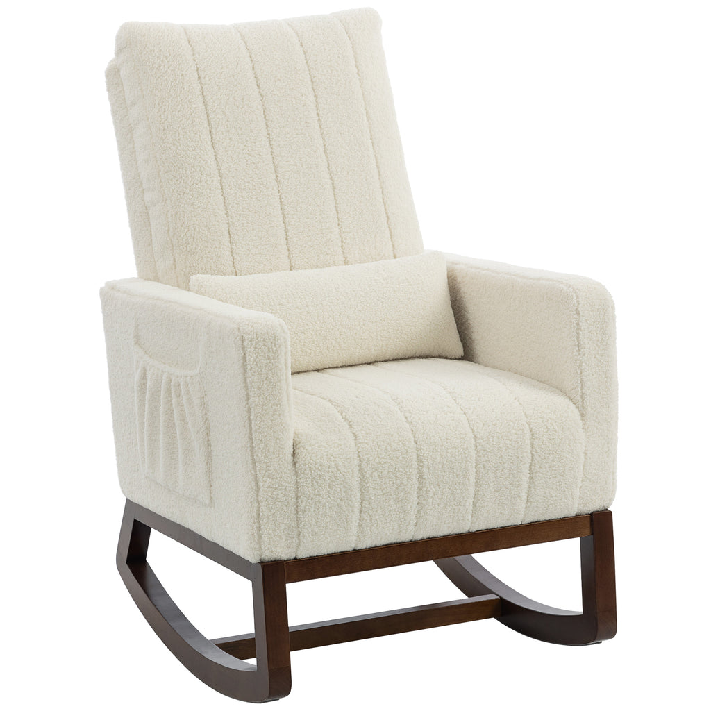 Rocking Chair for Adults, Lounge Rocker Chair with Lumbar Pillow, High Back, Wood Base, Side Pockets, Cream White