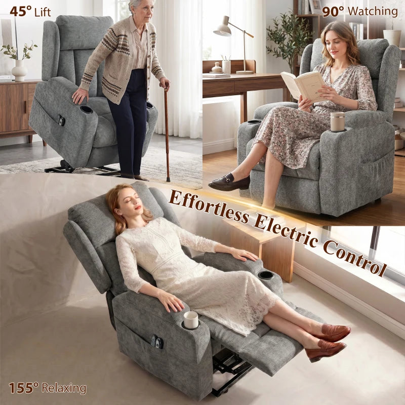 Power Lift Recliner Chair with Vibration Massage and Heat, Chenille Riser and Recliner - Grey