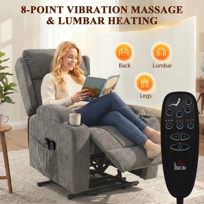 Power Lift Recliner Chair with Vibration Massage and Heat, Chenille Riser and Recliner - Grey