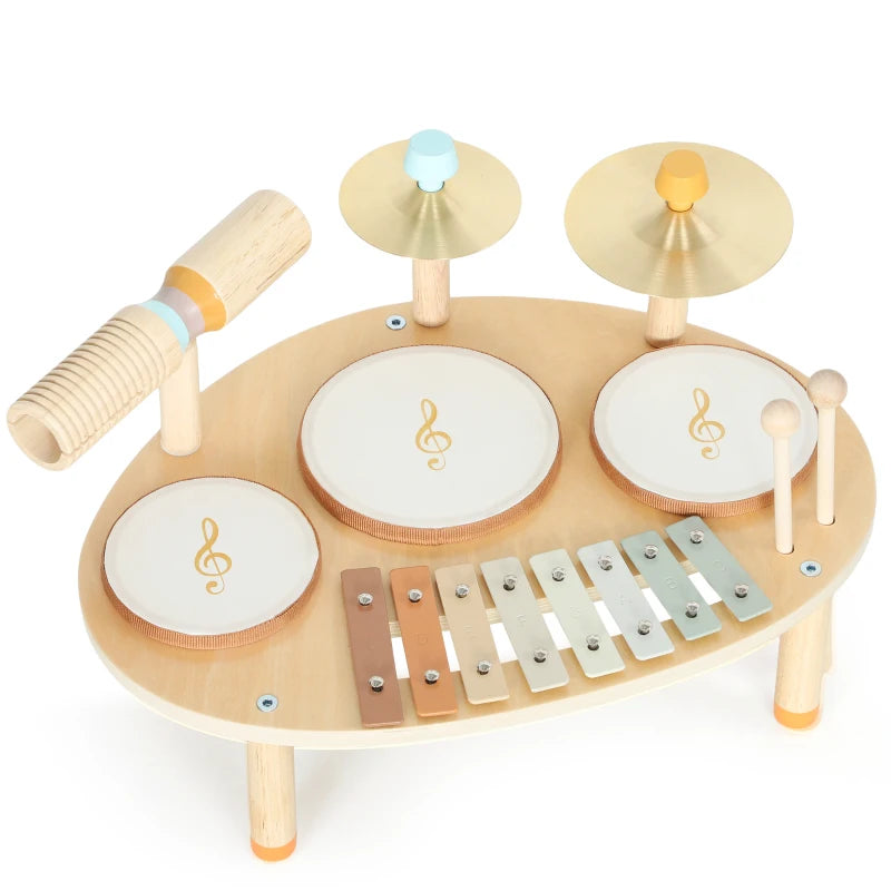 Baby Drum Kit, Wooden Kids Musical Instruments with Drums and Xylophone, Gifts for Girls Boys Birthday, Natural