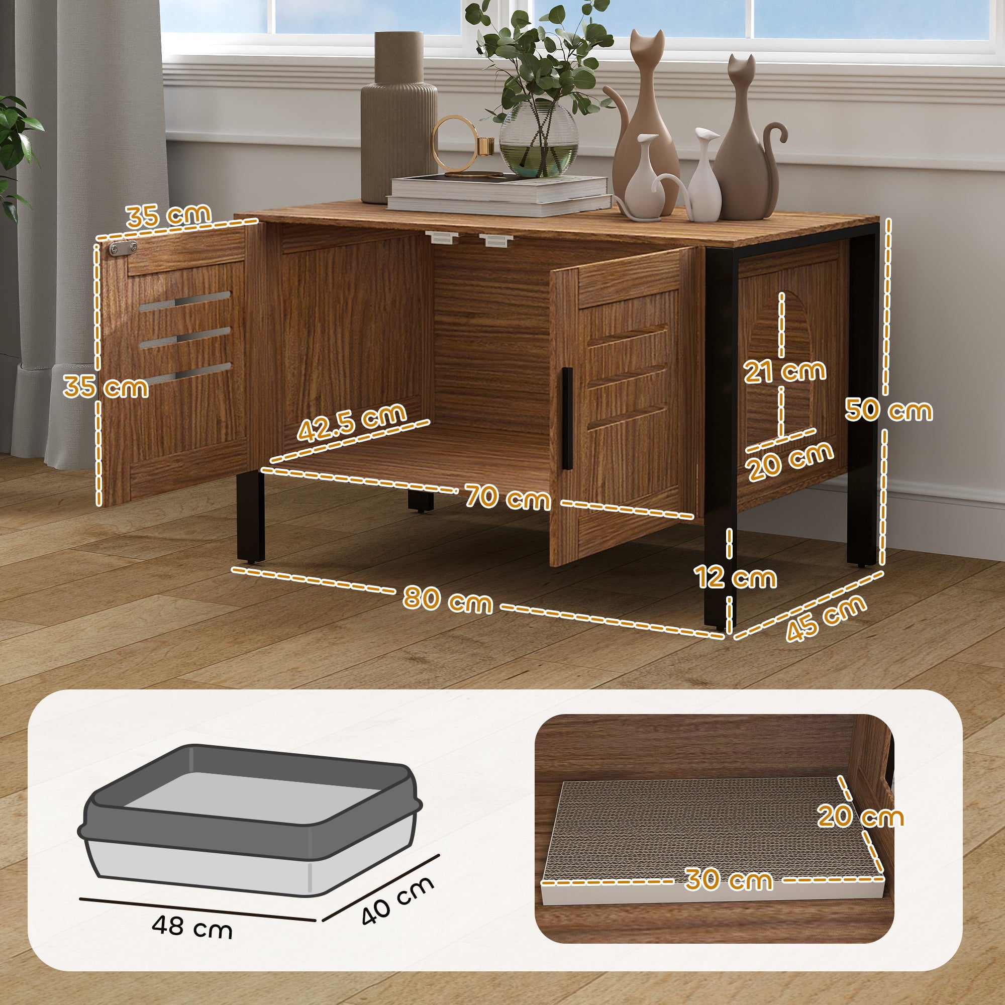 Cat Litter Box Enclosure with Tall Legs, Scratching Board, Double Doors, Ventilation Holes, 80 x 45 x 50 cm, Dark Brown