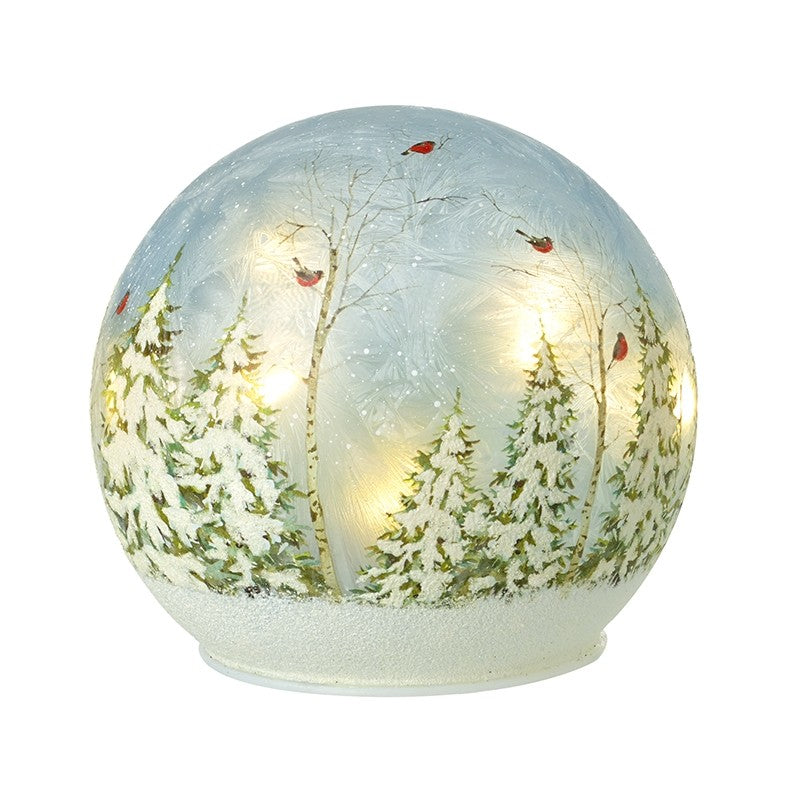 Glass LED Christmas Forest Globe – Light Up Winter Robin Decoration 12cm