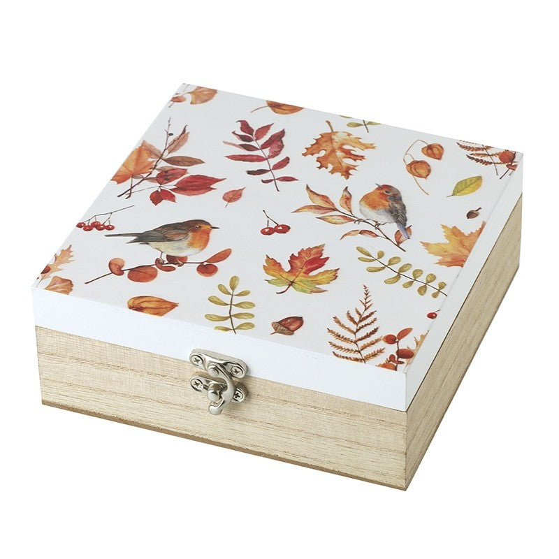 Robin Wooden Keepsake Box – Autumn Leaves Decorative Storage Box 15cm