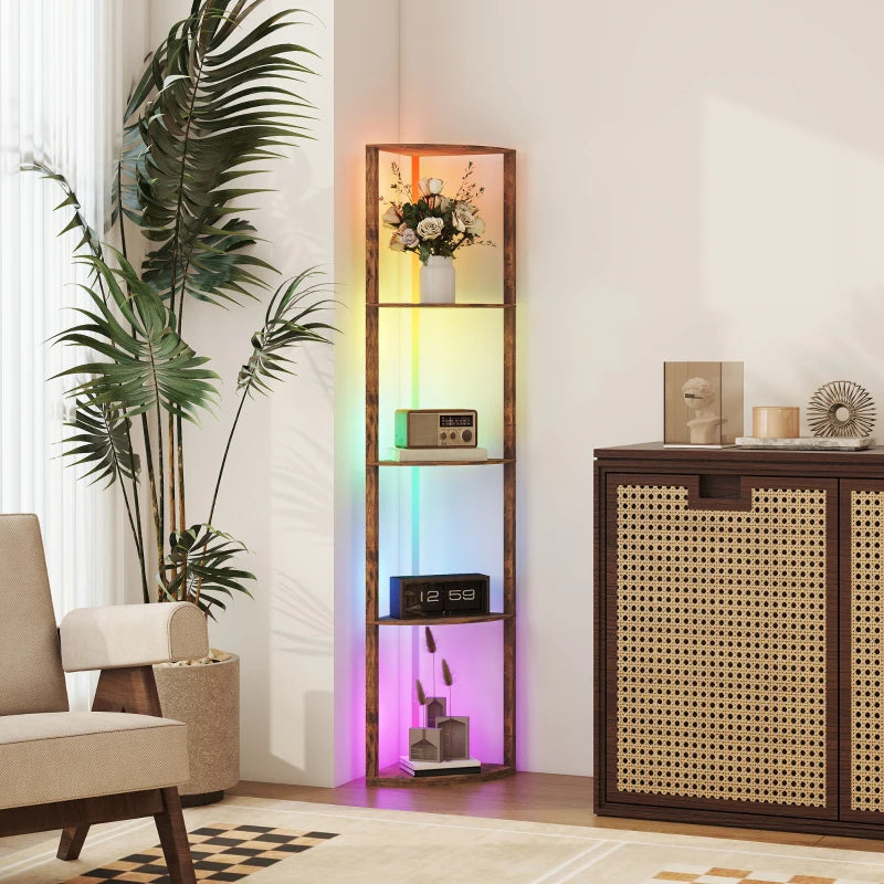 RGB Standing Lamp with Shelves, 4-Tier LED Floor Lamp with Multiple Lighting Modes, Rustic Brown