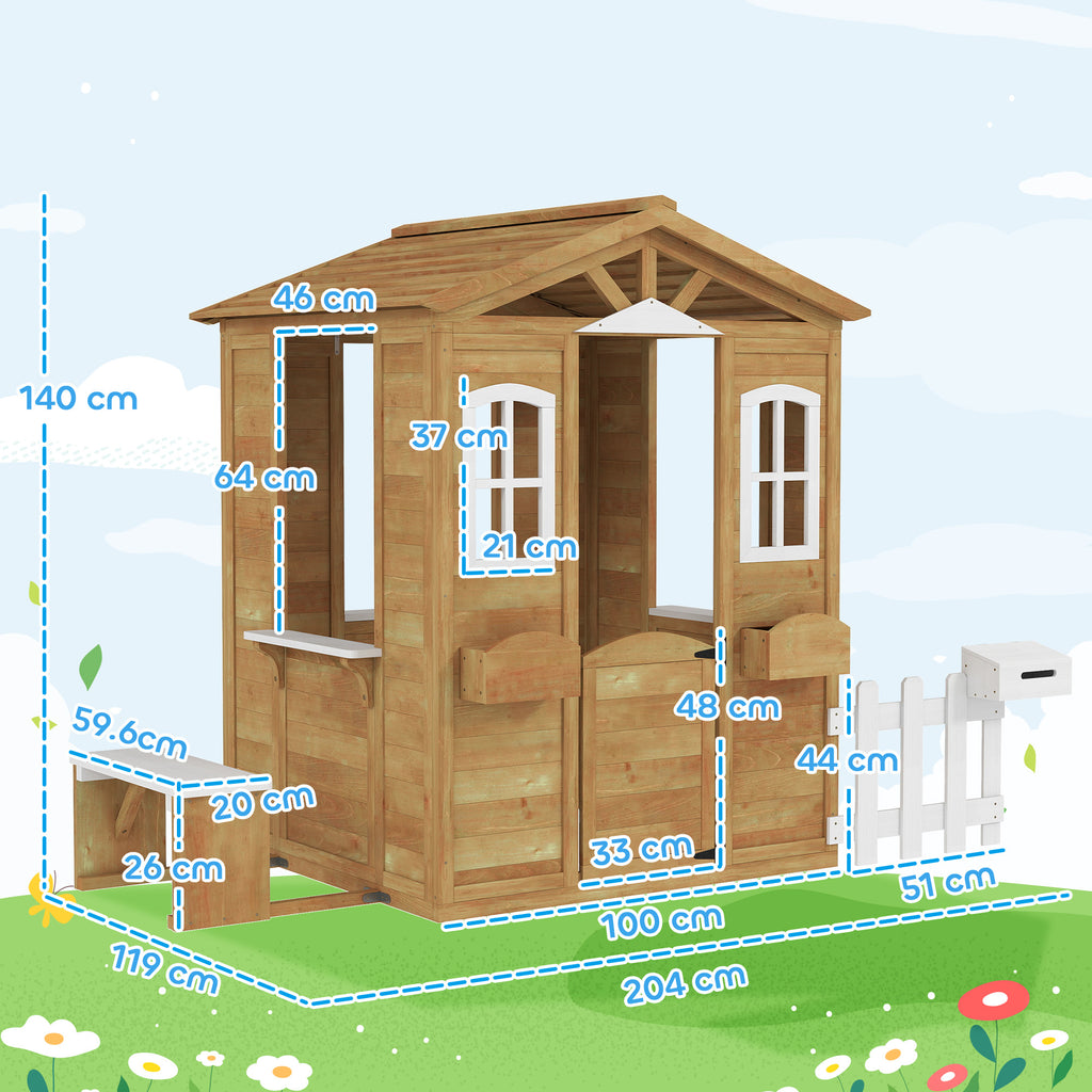 Wooden Playhouse for Kids with Door, Windows, Mailbox, Flower Pot Holder, Serving Station, Bench for Children