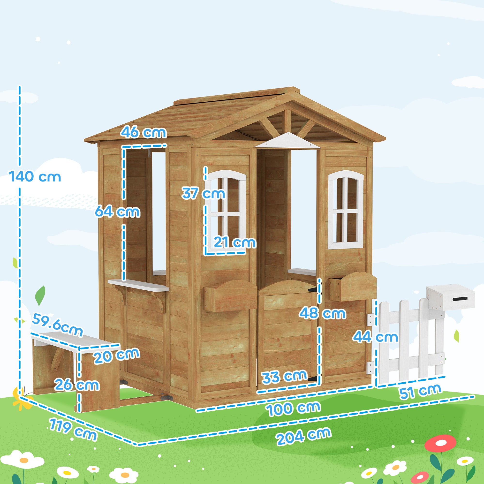 Wooden Playhouse for Kids with Door, Windows, Mailbox, Flower Pot Holder, Serving Station, Bench for Children