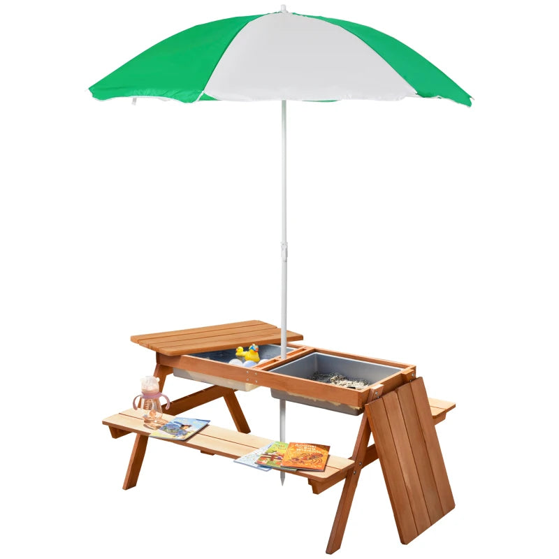 Kids Picnic Table with Benches, Wooden Sand and Water Table, Adjustable Parasol, Storage Bins, for Kids 3-6 Years, Brown