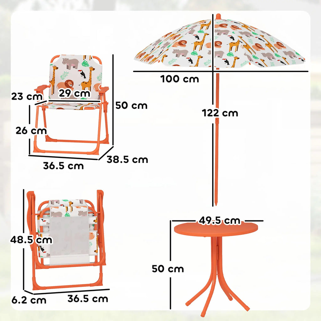 Kids Patio Set, Children Table and Chair Set, Outdoor Picnic Table with 2 Folding Chairs and Umbrella, Orange
