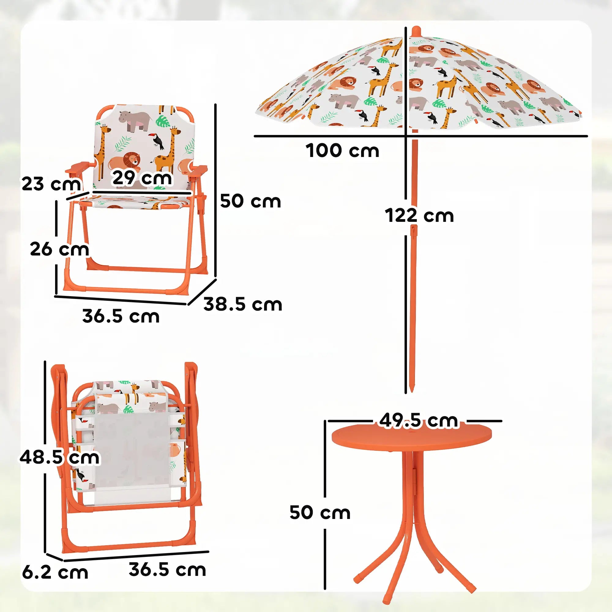Kids Patio Set, Children Table and Chair Set, Outdoor Picnic Table with 2 Folding Chairs and Umbrella, Orange