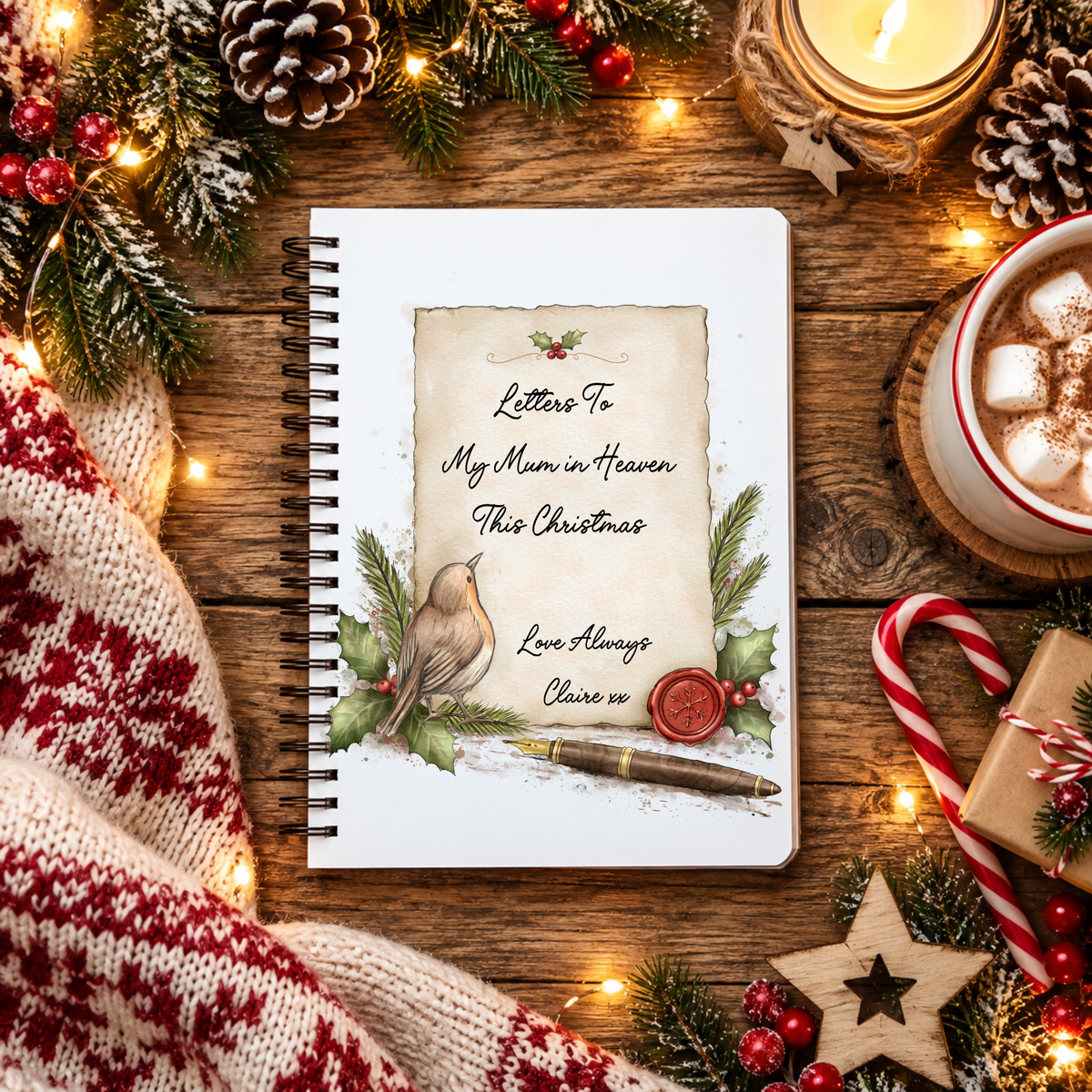 Personalised Letters to Heaven Christmas memorial A5 lined notebook with robin, holly and personalised names