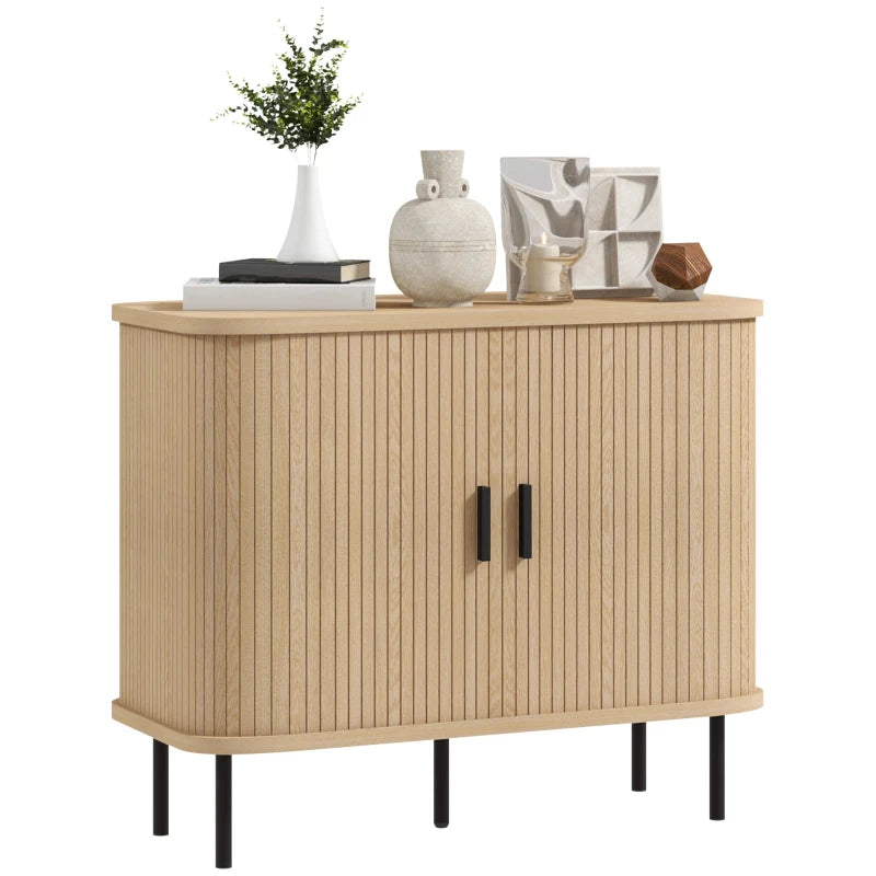 Mid-Century Modern Sideboard Storage Cabinet with Slatted Tambour Sliding Doors, Oak Tone