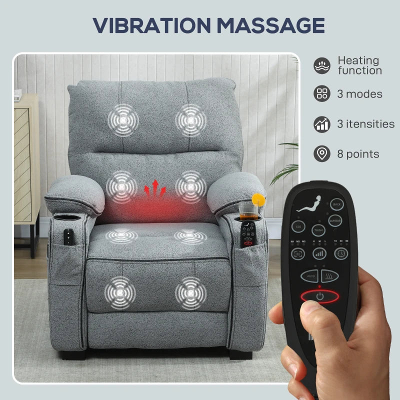 Electric Massage Recliner Armchair with Vibration, Heat, Whisper-Quiet Motor, Memory Function, Velvet Power Reclining Chair with Spring Pack, USB Port, Footrest, Side Pocket, Cup Holders, Grey