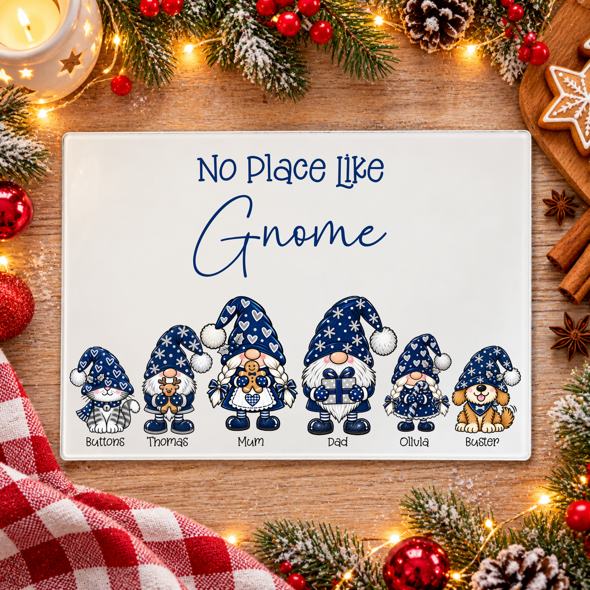 Personalised Glass Chopping Board Gnome Family - Navy