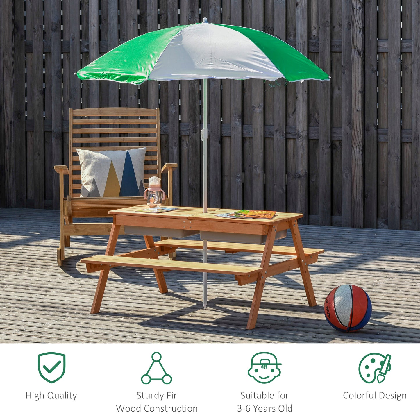 Kids Picnic Table with Benches, Wooden Sand and Water Table, Adjustable Parasol, Storage Bins, for Kids 3-6 Years, Brown