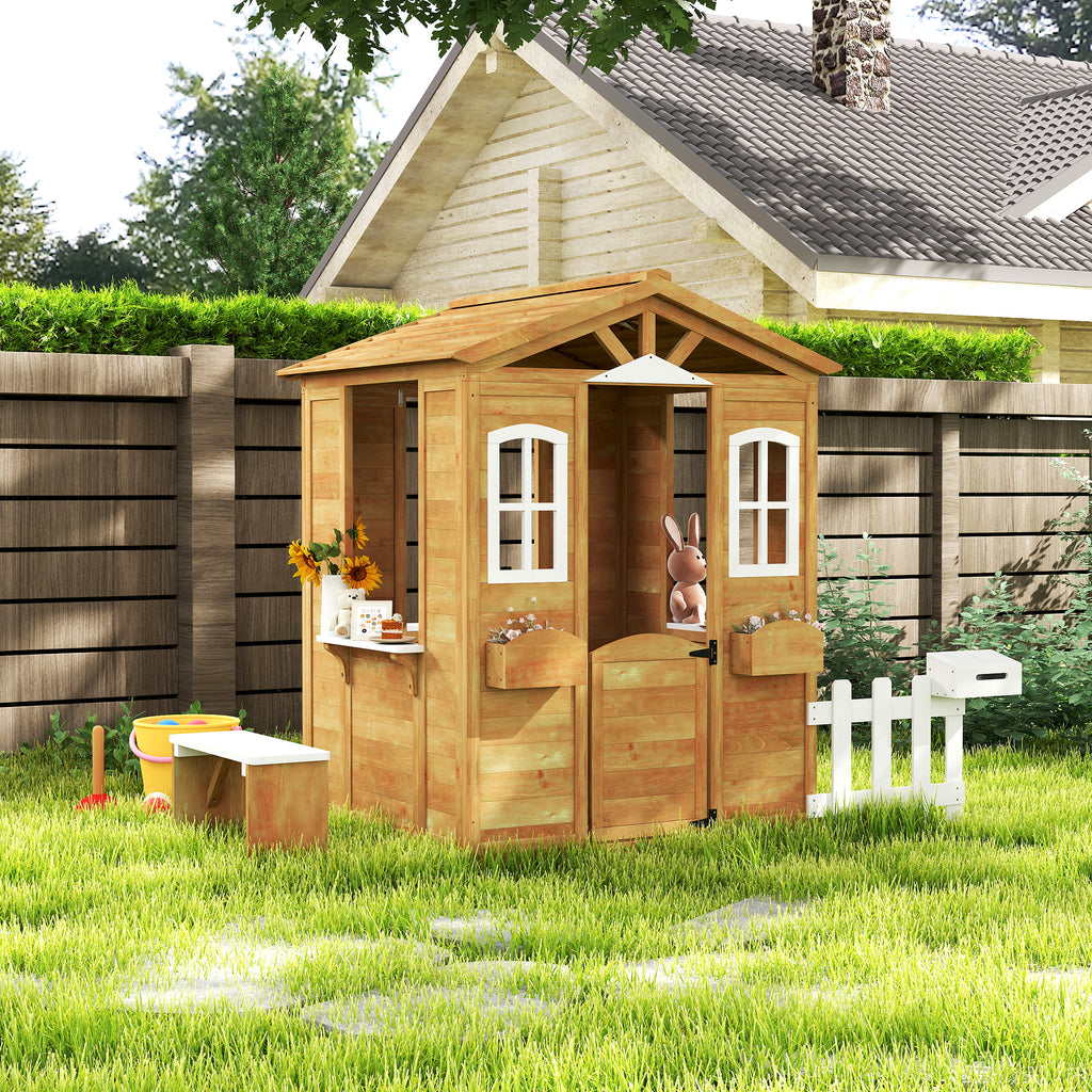 Wooden Playhouse for Kids with Door, Windows, Mailbox, Flower Pot Holder, Serving Station, Bench for Children
