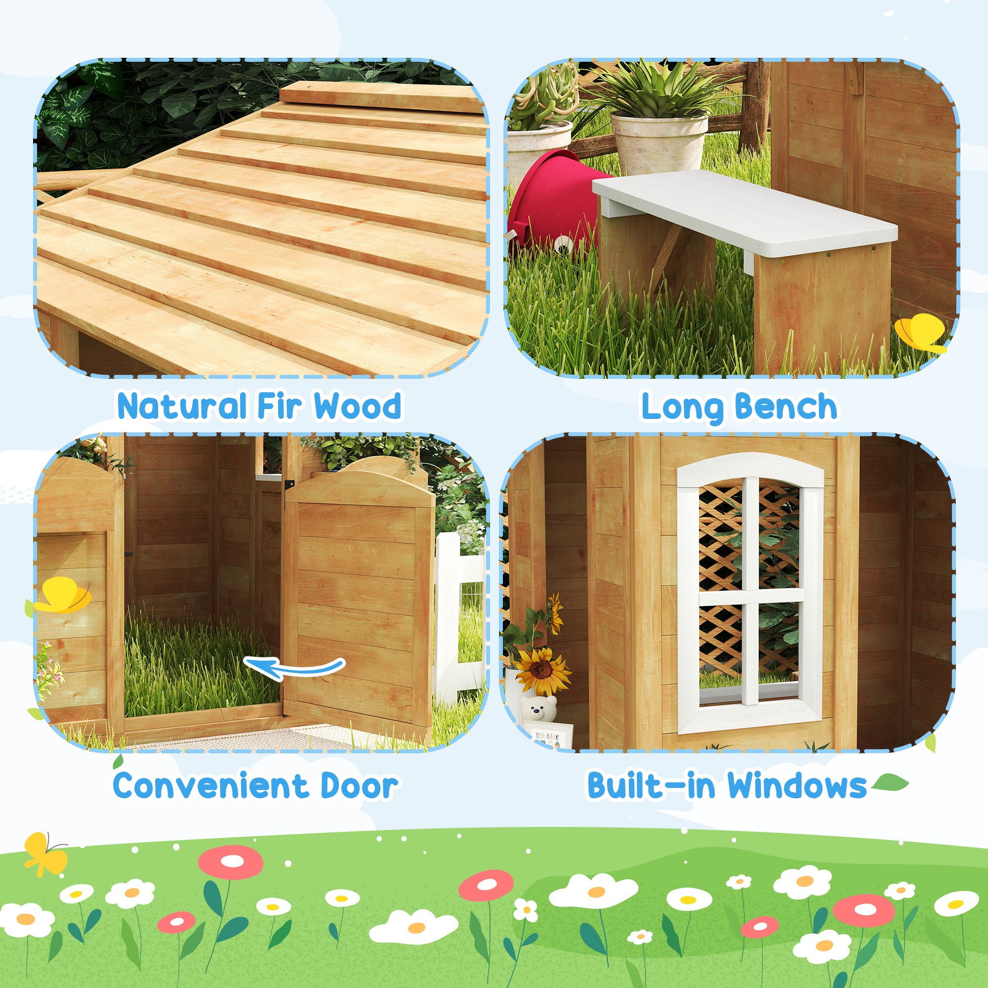 Wooden Playhouse for Kids with Door, Windows, Mailbox, Flower Pot Holder, Serving Station, Bench for Children