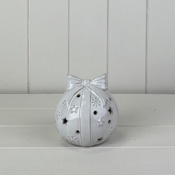Glazed Ceramic Baulbe with Bow Ornament with Textured Detail and LED (10.6cm)