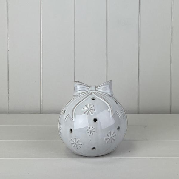 Glazed Ceramic Bauble with Bow Ornament with Textured Detail and LED (13.8cm)