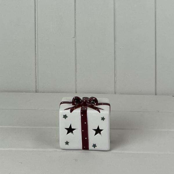 White Ceramic Present with Red Bow Decoration with LED