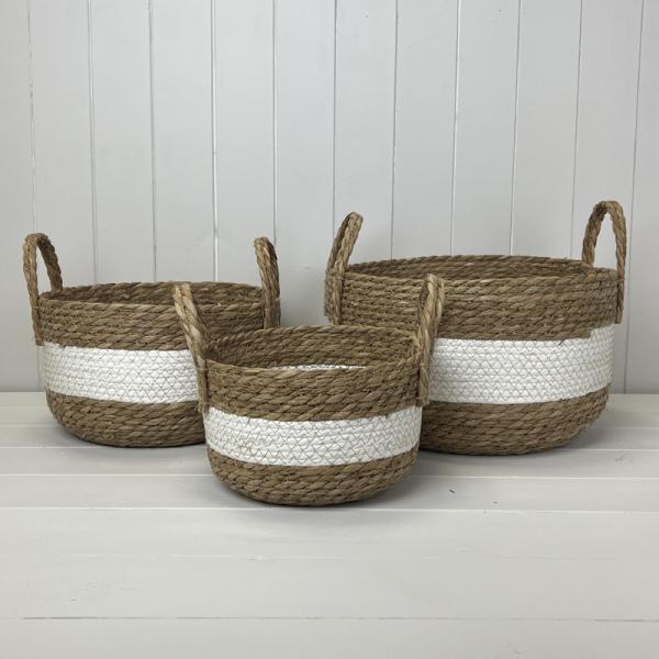 White/Natural Seagrass Set of Three Storage Baskets