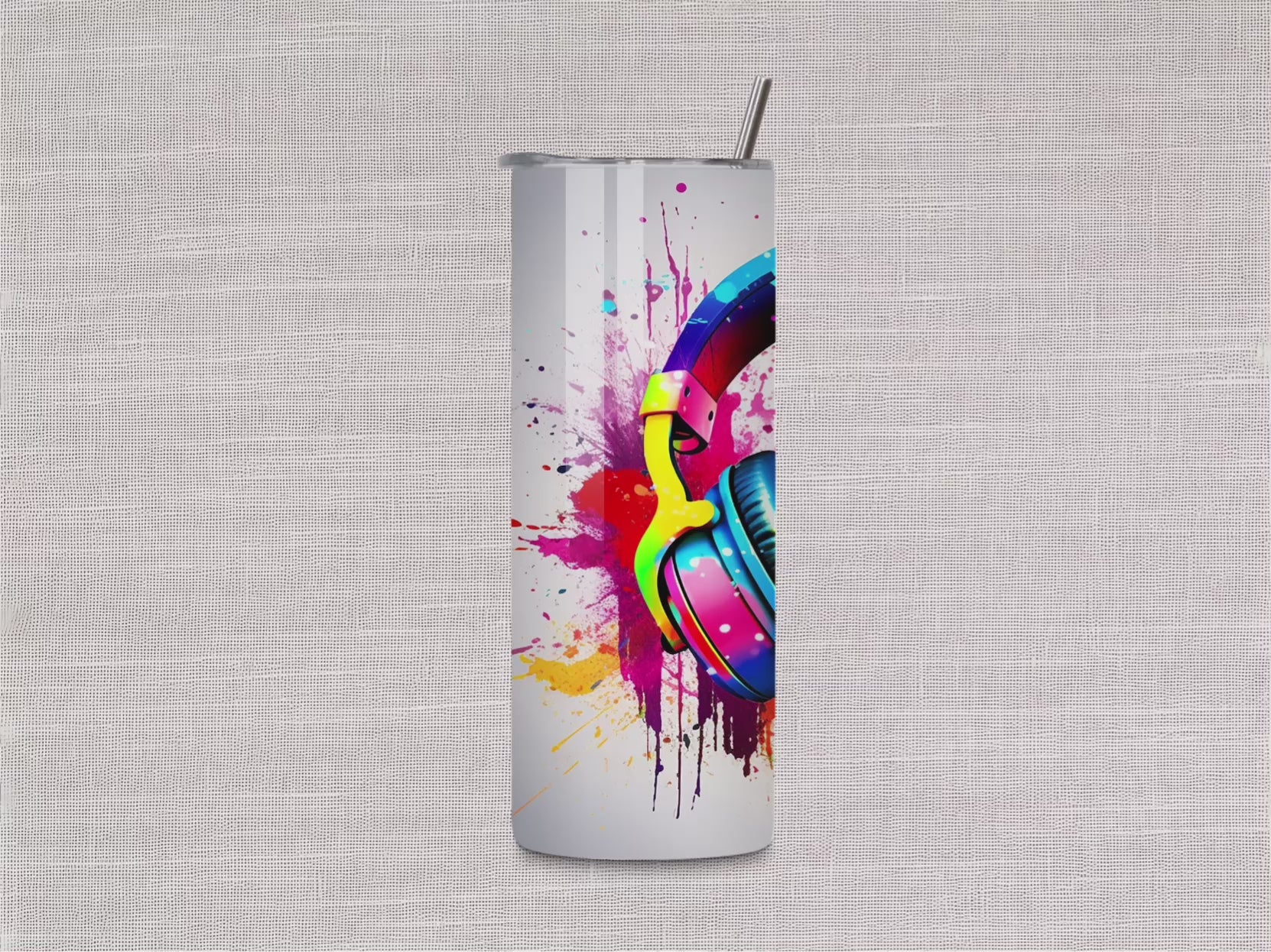 Headphone Splash Design, 20oz Stainless Steel Skinny Tumbler